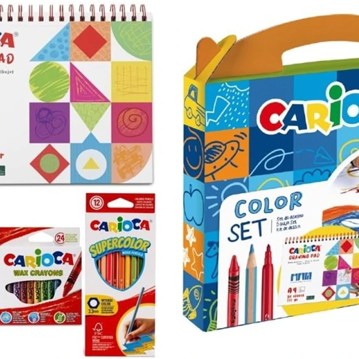 Carioca Color Set Pack con 12 Ceras, 12 Rotuladores y 12 Lapices de Colores + Bloc de Dibujo A4 - Colores Surtidos 1