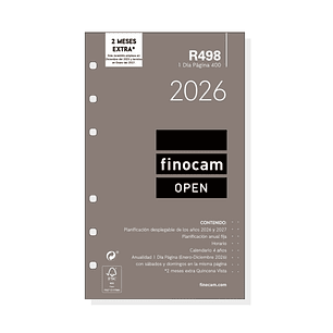 Finocam R498 Recambio Anual 2026 para Agendas Open 2026 - Formato 400 - 91x16x152mm - 1 Dia por Pagina - Color Blanco