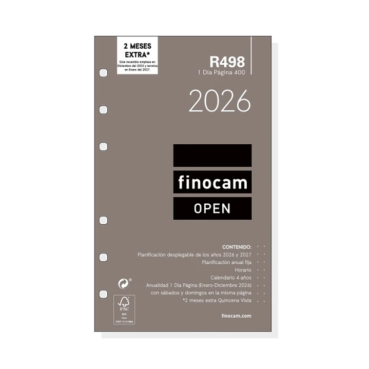 Finocam R498 Recambio Anual 2026 para Agendas Open 2026 - Formato 400 - 91x16x152mm - 1 Dia por Pagina - Color Blanco 1
