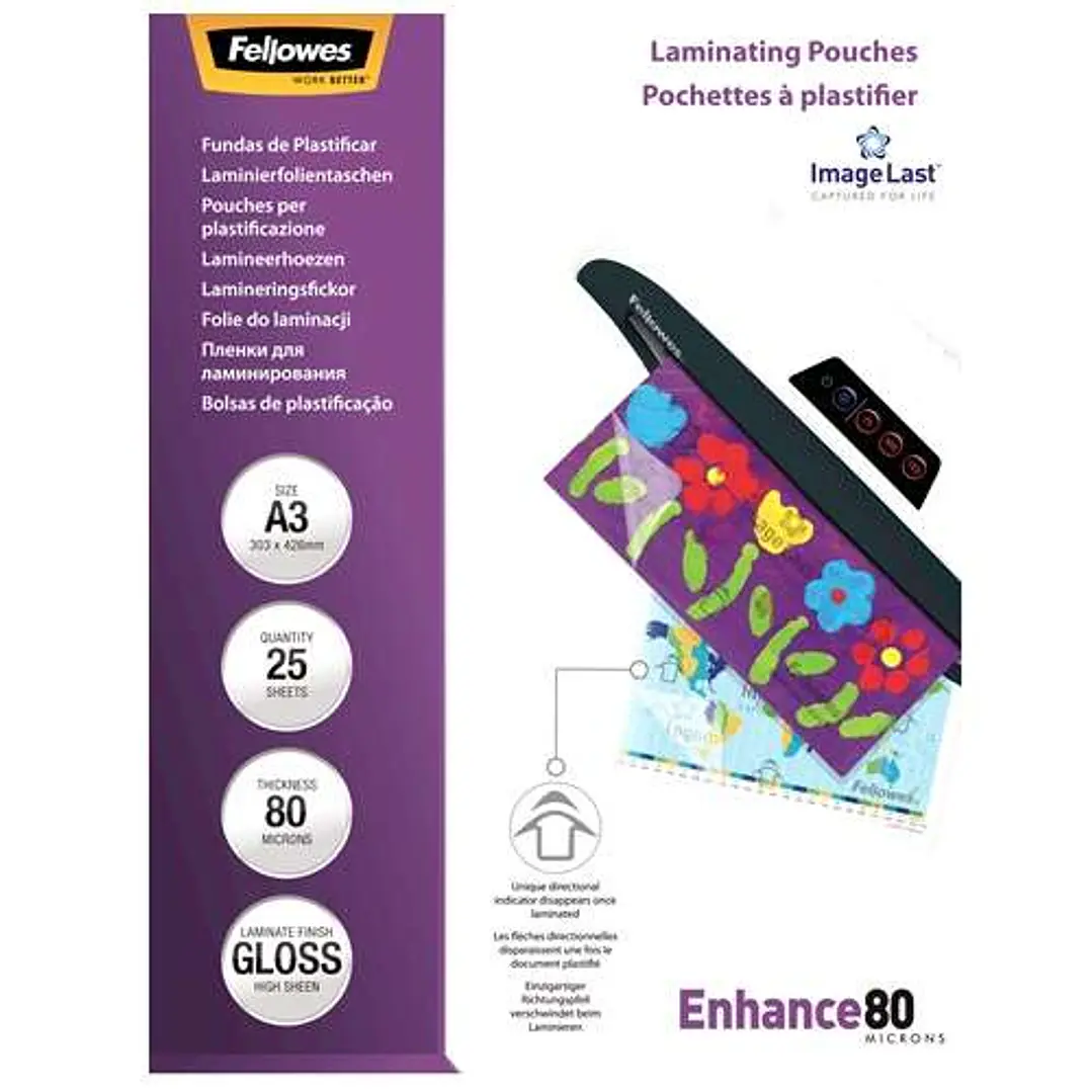 Fellowes Pack de 25 Fundas para Plastificar Brillo A3 - 80 Micras - Alta Calidad - Transparente 1