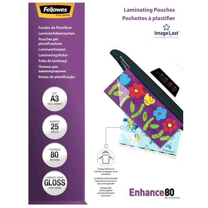 Fellowes Pack de 25 Fundas para Plastificar Brillo A3 - 80 Micras - Alta Calidad - Transparente 1