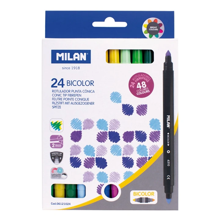 Milan Pack de 24 Rotuladores Bicolor - Tinta al Agua - Punta Conica de 5mm - Colores Surtidos 1