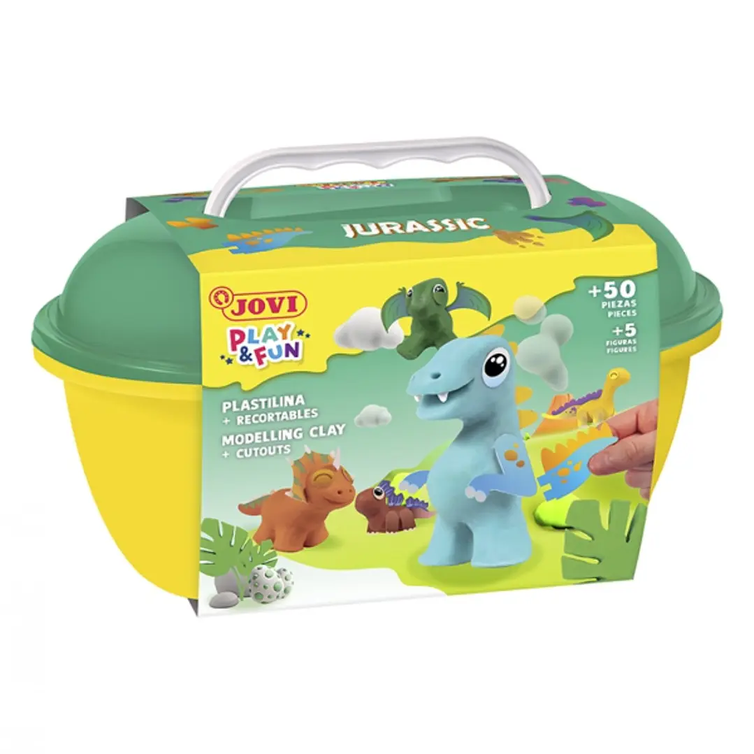Jovi Play & Fun Cofre Jurassic con 24 Barras de Plastilina 15gr + Modeladores + Recortables - Sin Gluten - Base Vegetal - No se Seca - Colores Surtido 1