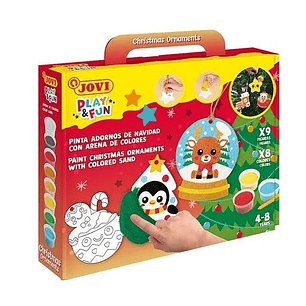 Jovi Play & Fun Kit Pinta con Arena Christmas Ornaments con 8 Botes de Arena + 1 Punzon + 3 Laminas con Diseños Navideños - Colores Surtidos