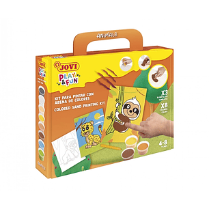 Jovi Play & Fun Kit Pinta con Arena Animals con 8 Botes de Arena + 1 Punzon + 3 Laminas con Diseños de Animales Terrestres - Colores Surtidos