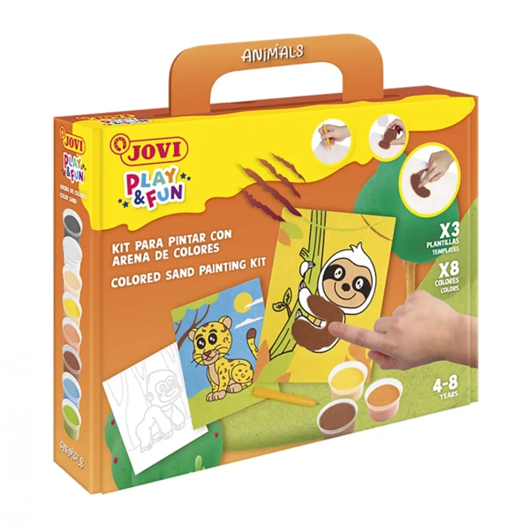 Jovi Play & Fun Kit Pinta con Arena Animals con 8 Botes de Arena + 1 Punzon + 3 Laminas con Diseños de Animales Terrestres - Colores Surtidos 1