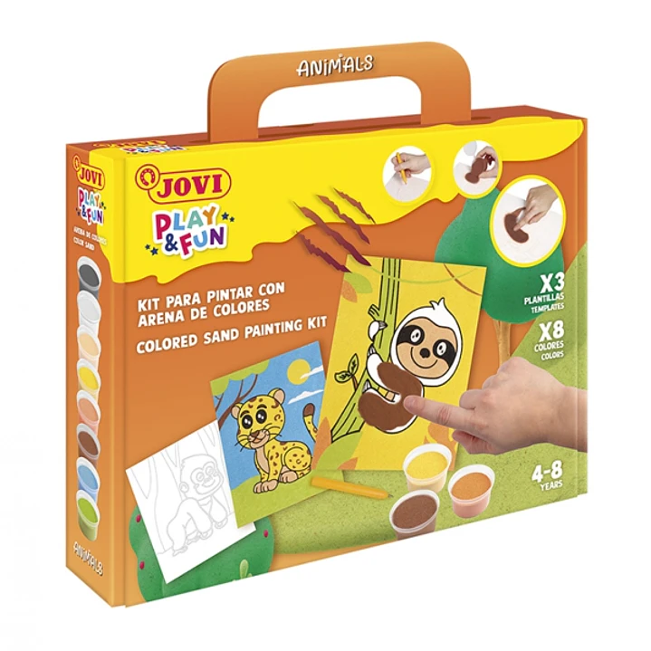 Jovi Play & Fun Kit Pinta con Arena Animals con 8 Botes de Arena + 1 Punzon + 3 Laminas con Diseños de Animales Terrestres - Colores Surtidos 1
