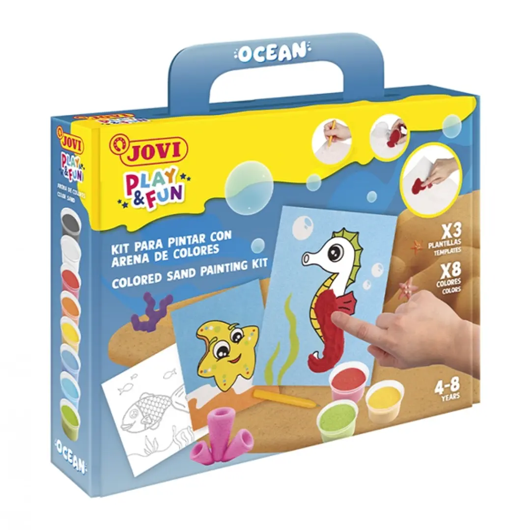 Jovi Play & Fun Kit Pinta con Arena Ocean con 8 Botes de Arena + 1 Punzon + 3 Laminas con Diseños de Animales Acuaticos - Colores Surtidos 1
