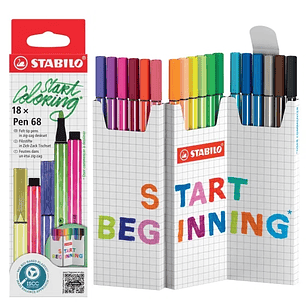 Stabilo Pen 68 Pack de 18 Rotuladores de Punta de Fibra - Trazo de 1mm aprox. - Tinta con Base de Agua - Colores Surtidos
