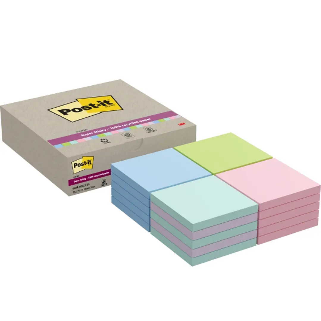 Post-It Super Sticky Pack de 20 Blocs de 70 Notas Adhesivas Recicladas - Forma Cuadrada - 76x76mm - Colores Surtidos 1