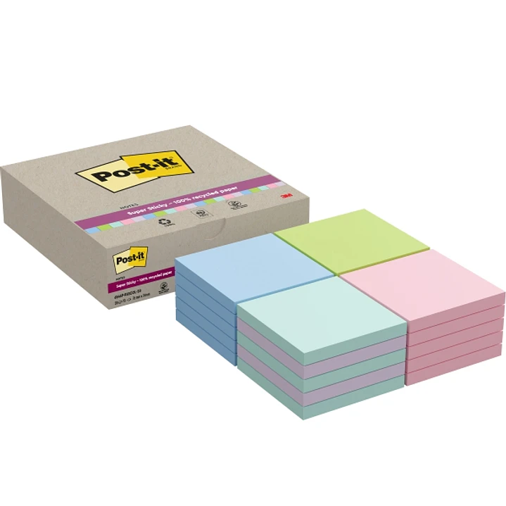 Post-It Super Sticky Pack de 20 Blocs de 70 Notas Adhesivas Recicladas - Forma Cuadrada - 76x76mm - Colores Surtidos 1