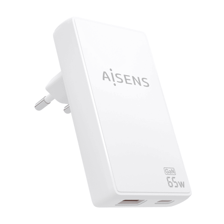 Aisens Cargador GaN Ultra Delgado 65W - 1xUSB-C PD3.0 QC4.0 - 1xUSB-A QC3.0 - Tecnologia AI - Color Blanco 1