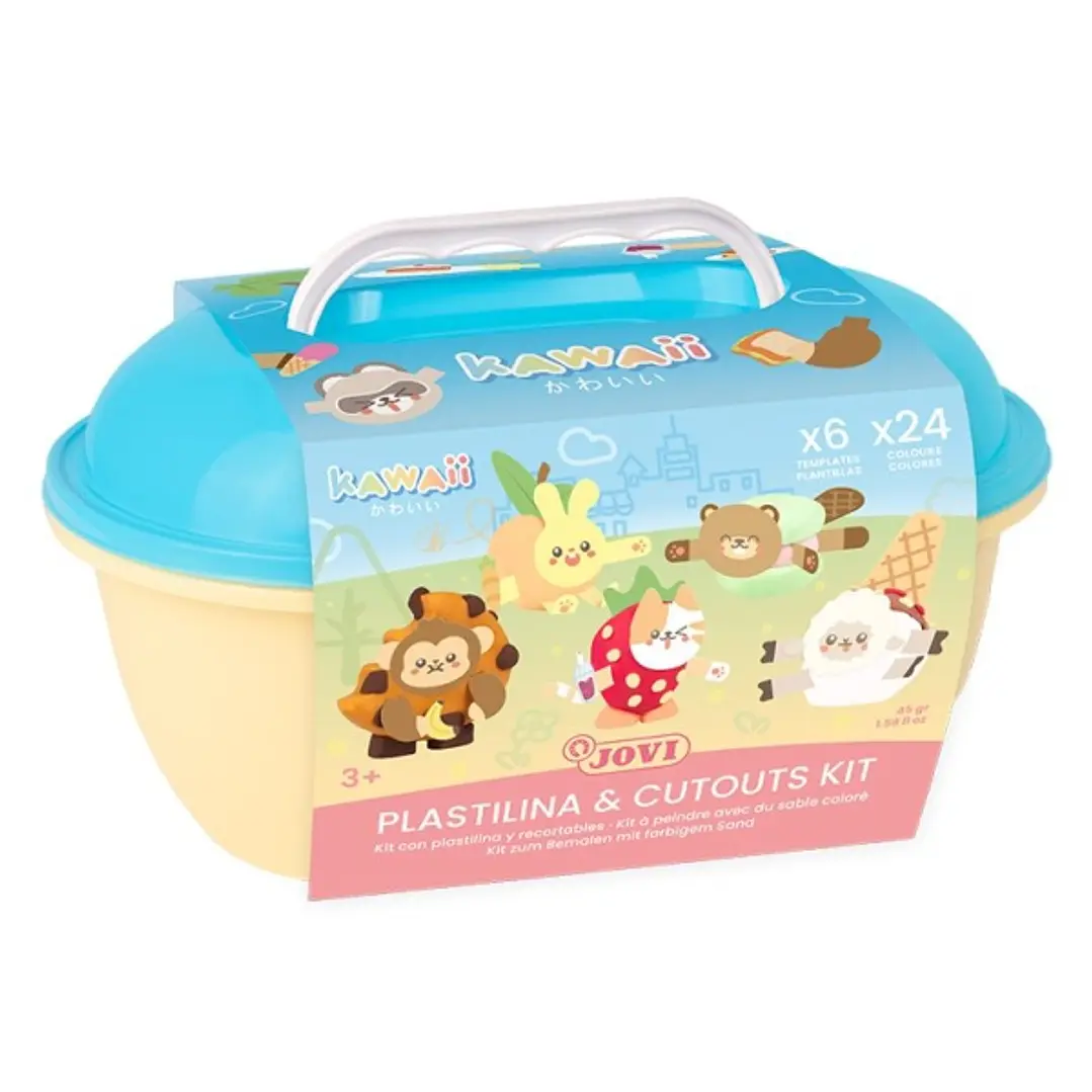 Jovi Kawaii Cofre con 24 Barras de Plastilina 15gr + Modeladores + Recortables - Sin Gluten - Base Vegetal - No se Seca - Colores Surtidos 1