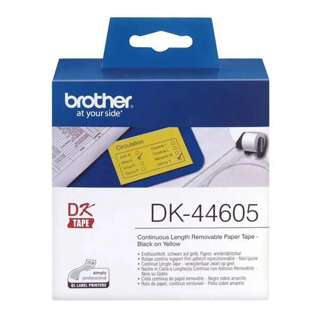 Brother DK44605 - Etiquetas Removibles Originales de Tamaño personalizado - Ancho 62mm x 30,48 metros - Texto negro sobre fondo amarillo 1