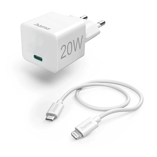 Hama Cargador de Pared - Potencia 20W - USB-C Hembra - Cable de 1m USB-C Macho a Lightning Macho - Power Delivery - Color Blanco