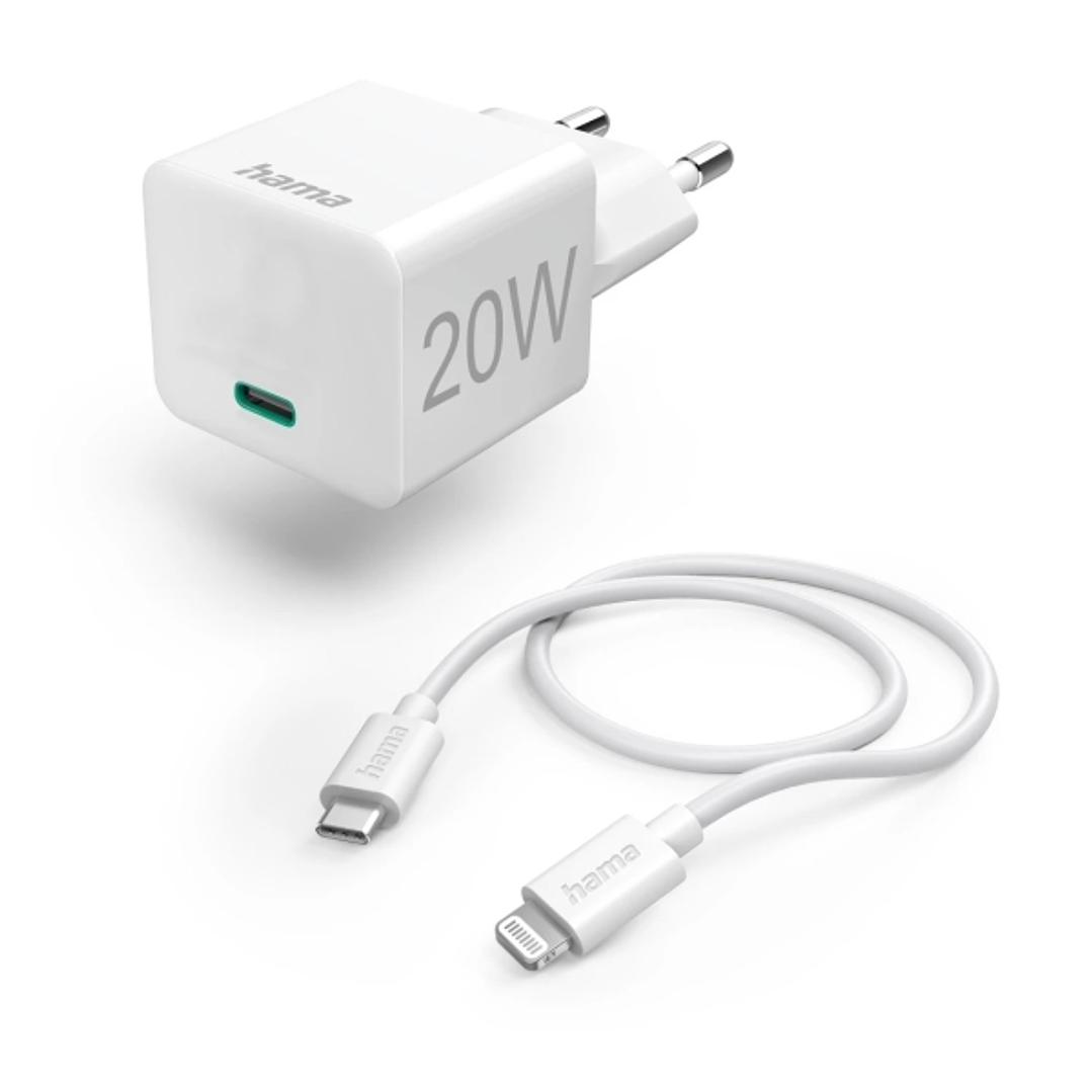 Hama Cargador de Pared - Potencia 20W - USB-C Hembra - Cable de 1m USB-C Macho a Lightning Macho - Power Delivery - Color Blanco 1