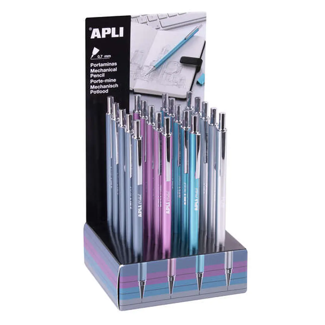 Apli Expositor de 20 Portaminas 0.7mm - Textura Soft - Capuchon y Goma de Borrar - Colores Metalizados Surtidos 1