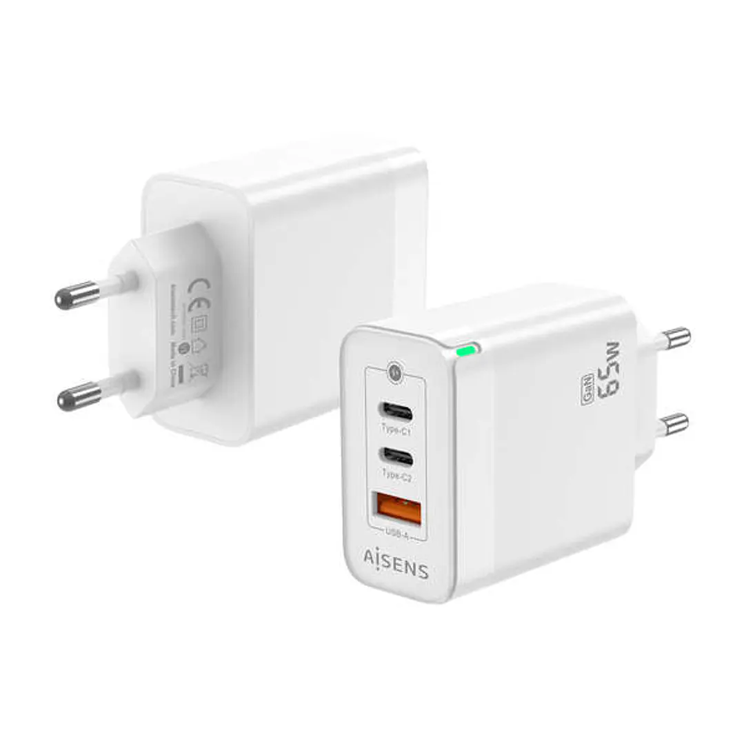Aisens Cargador GAN 65W - 2xUSB-C PD3.0 QC4.0 - 1xUSB-A QC3.0 - Color Blanco 1