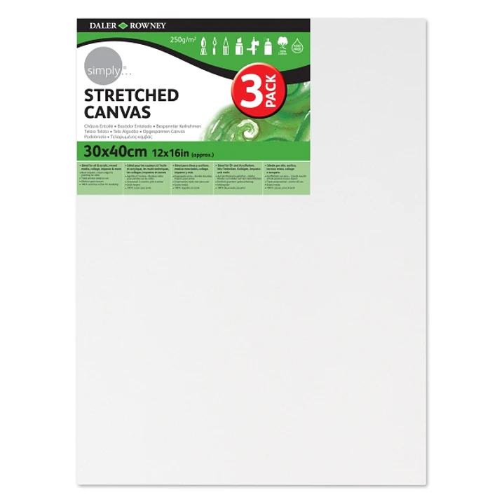 Daler Rowney Simply Pack de 3 Bastidores Entelados- 30x40cm - Imprimacion Triple - Grano Medio - 100% Algodon sin Acido - 250g - Color Blanco 1