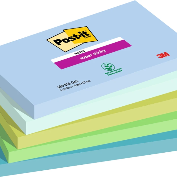 Post-It Super Sticky Pack de 5 Blocs de 90 Notas Adhesivas Reposicionables - Forma Rectangular - 127x76mm - Colores Surtidos 1