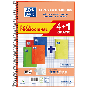 Oxford School Classic Write&Erase Pack 4+1 Fº - Cuaderno Espiral Tapa Extradura - Milimetrado con Margen - 80 Hojas - Colores Surtidos