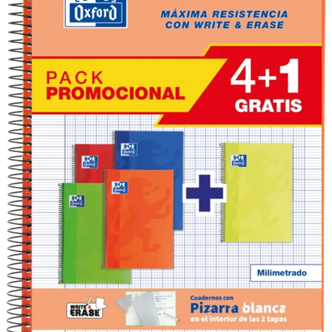 Oxford School Classic Write&Erase Pack 4+1 Fº - Cuaderno Espiral Tapa Extradura - Milimetrado con Margen - 80 Hojas - Colores Surtidos 1