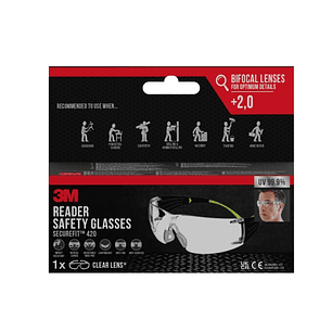 3M Securefit Gafas de Seguridad Graduadas - Bifocales - +2.0 Dioptrias - Antivaho - Antirrayaduras - Lente Incolora - Proteccion UV - Color Transparen