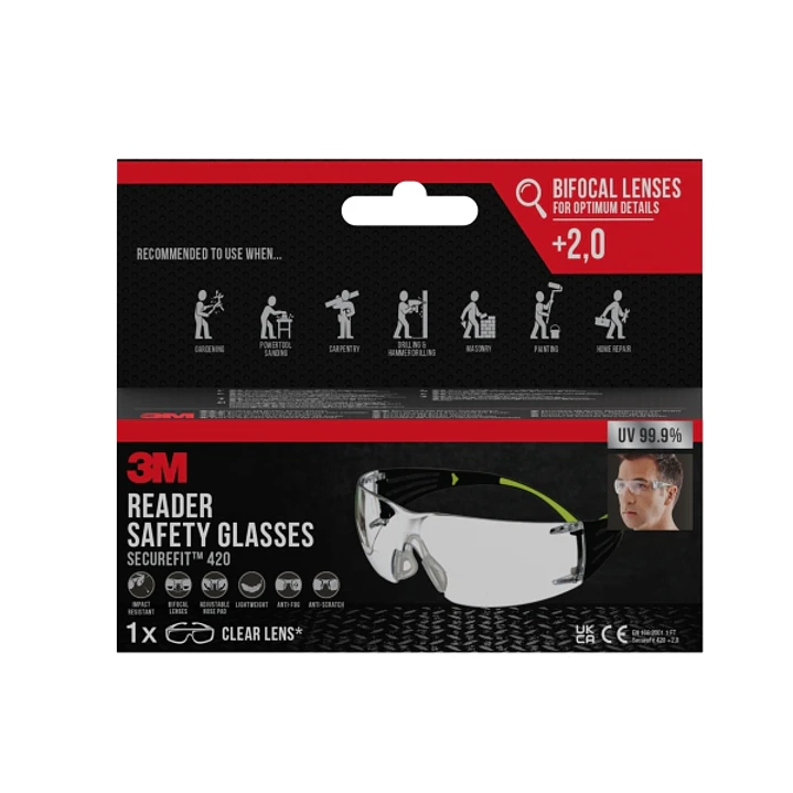 3M Securefit Gafas de Seguridad Graduadas - Bifocales - +2.0 Dioptrias - Antivaho - Antirrayaduras - Lente Incolora - Proteccion UV - Color Transparen 1