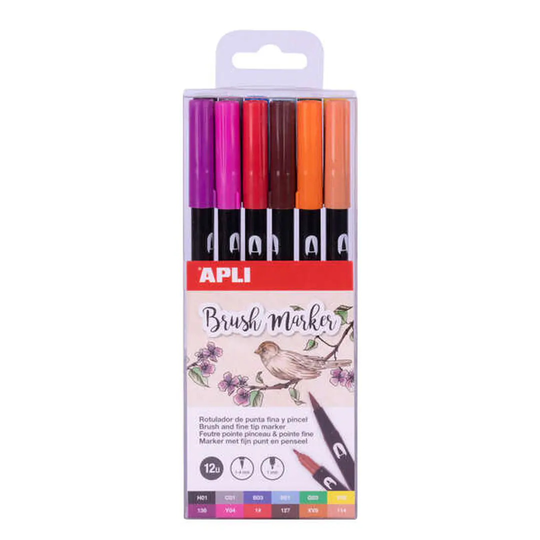 Apli Brush Marker Pack de 12 Rotuladores Acuarelables de Doble Punta - Punta Pincel de 1-4mm y Punta Redonda de 1mm - Tinta Base de Agua Inodora y No  1
