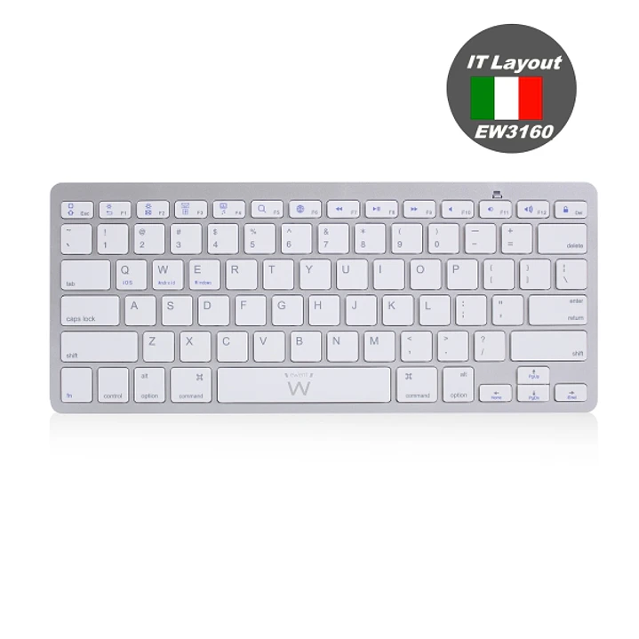 Ewent Teclado de Viaje - Modo Ahorro de Energia - Bluetooth 3.0 - Disposicion Italiana QWERTY IT - Color Plata 1