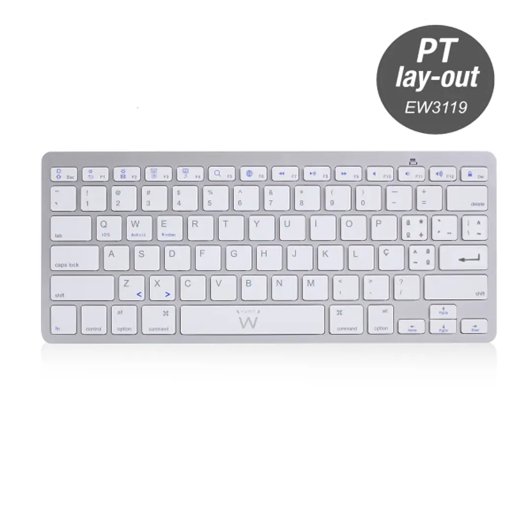 Ewent Teclado de Viaje - Modo Ahorro de Energia - Bluetooth 3.0 - Disposicion Portuguesa QWERTY PT - Alcance hasta 10m - Color Plata/Blanco 1