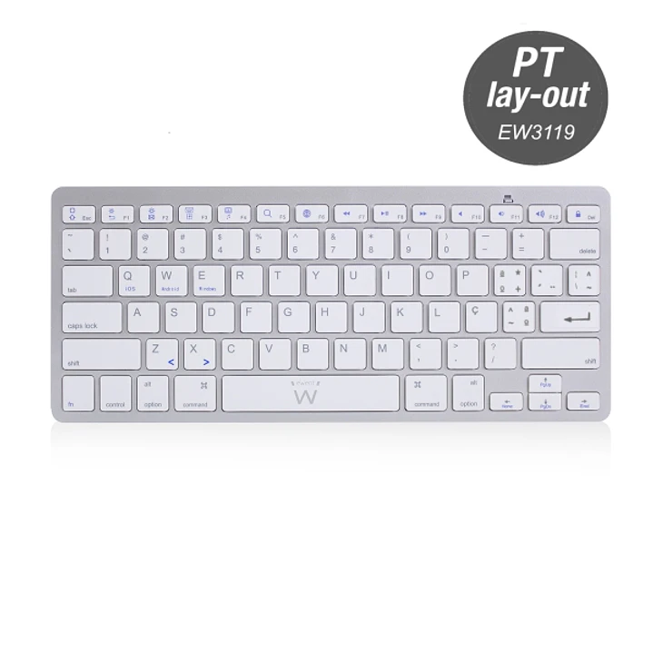 Ewent Teclado de Viaje - Modo Ahorro de Energia - Bluetooth 3.0 - Disposicion Portuguesa QWERTY PT - Alcance hasta 10m - Color Plata/Blanco 1