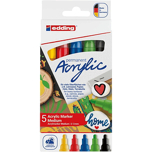 Edding 5100 Acrylic Pack de 5 Rotuladores Permanentes Acrilicos - Punta Redonda 2-3mm - Trazo Medio - Resistente a la Luz - Secado Rapido - Colores Su