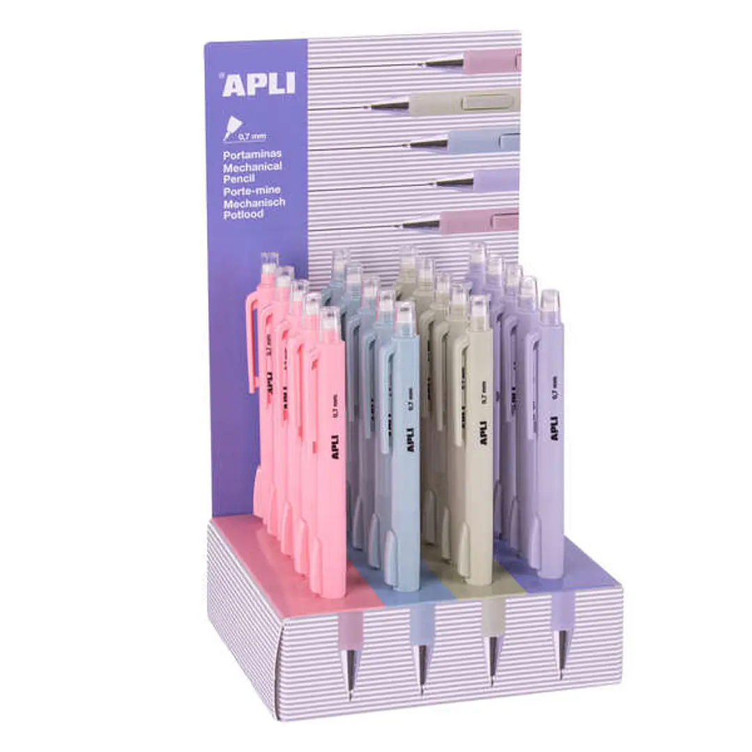 Apli Expositor de 20 Portaminas con Goma 0,7mm - Cuerpo de Colores Pastel Surtidos 1