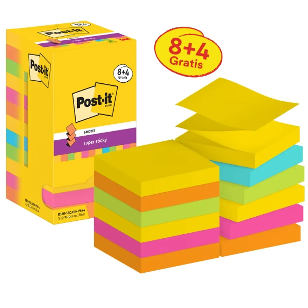 Post-It Super Sticky Pack de 12 Blocs de 90 Notas Adhesivas Reposicionables - Forma Cuadrada - 76x76mm - en Zig-Zag - Colores Surtidos 1