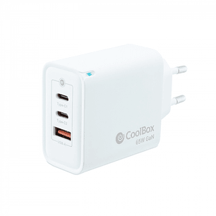 Coolbox Cargador de Pared 65W QC3.0 + PD - USB-A + 2xUSB-C - Carga Rapida - Tecnología GaN - Color Blanco
