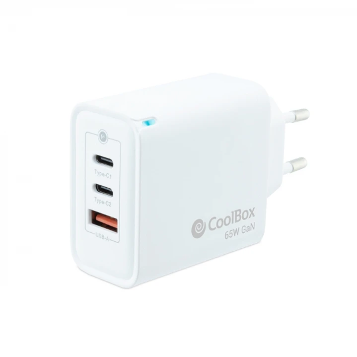 Coolbox Cargador de Pared 65W QC3.0 + PD - USB-A + 2xUSB-C - Carga Rapida - Tecnología GaN - Color Blanco 1