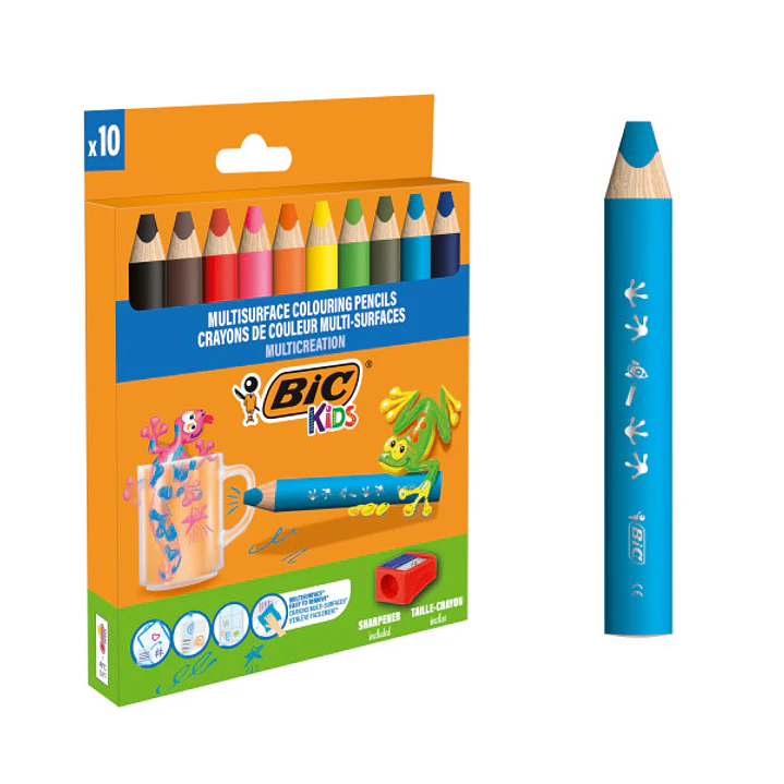 Bic Kids Multisuperficie Pack de 10 Lapices de Colores + Sacapuntas - Cuerpo Triangular - Minas Borrables en Superficies No Porosas - Colores Surtidos 1