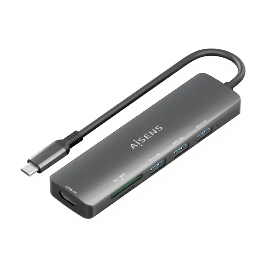 Aisens USB-C Dock 6 en 1 - USB-C a 1xHDMI - 3xUSB-A -  1xSD - 1xMicroSD - 15cm - Color Gris 1