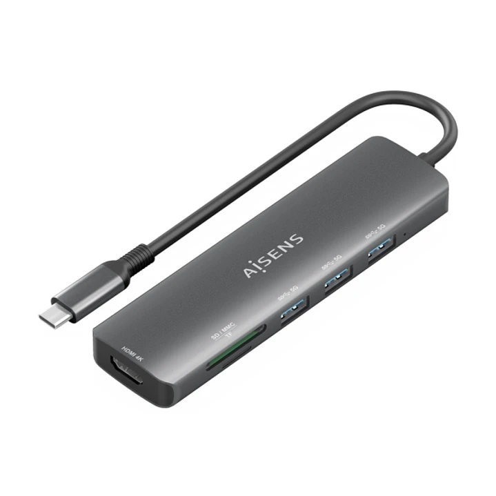 Aisens USB-C Dock 6 en 1 - USB-C a 1xHDMI - 3xUSB-A -  1xSD - 1xMicroSD - 15cm - Color Gris 1