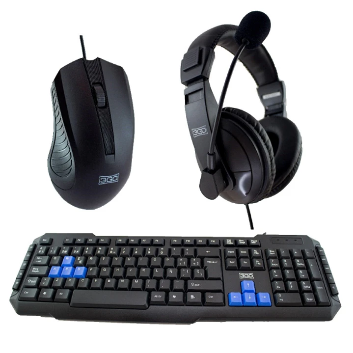 3Go Drile H2 Pack USB Teclado Multimedia + Raton 1000dpi 5 Botones + Auriculares con Microfono - Uso Ambidiestro - Color Negro 1