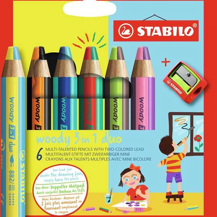 Stabilo Woody 3 en 1 Duo Pack de 6 Lapices de Colores + Sacapuntas - Mina 2 Colores XXL 10mm - Lapiz de Color, Cera  Acuarela, Todo en Uno - Colores S 1