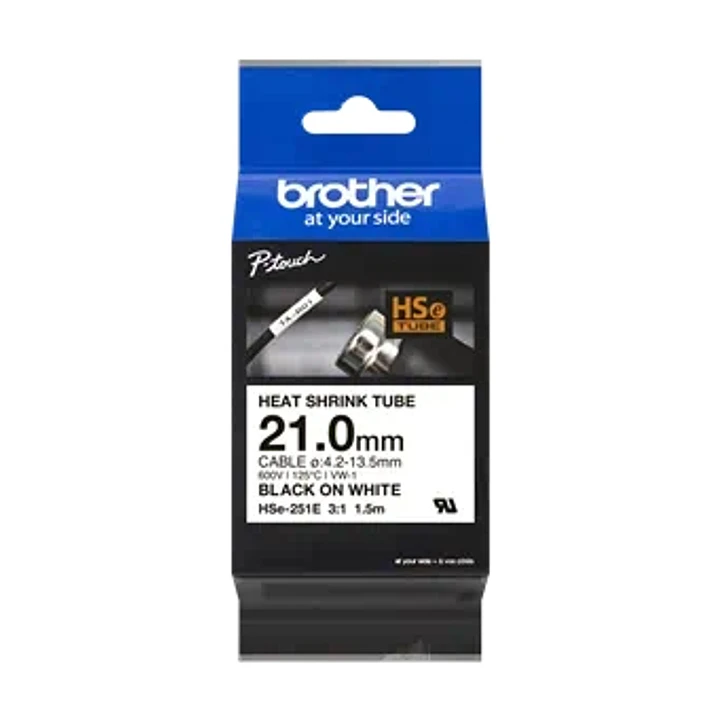 Brother HSe251E Cinta Tubo Termorretractil Original de Etiquetas para Cables - Texto Negro sobre Fondo Blanco - Ancho 21mm x 1.5 metros - Cable Recome 1