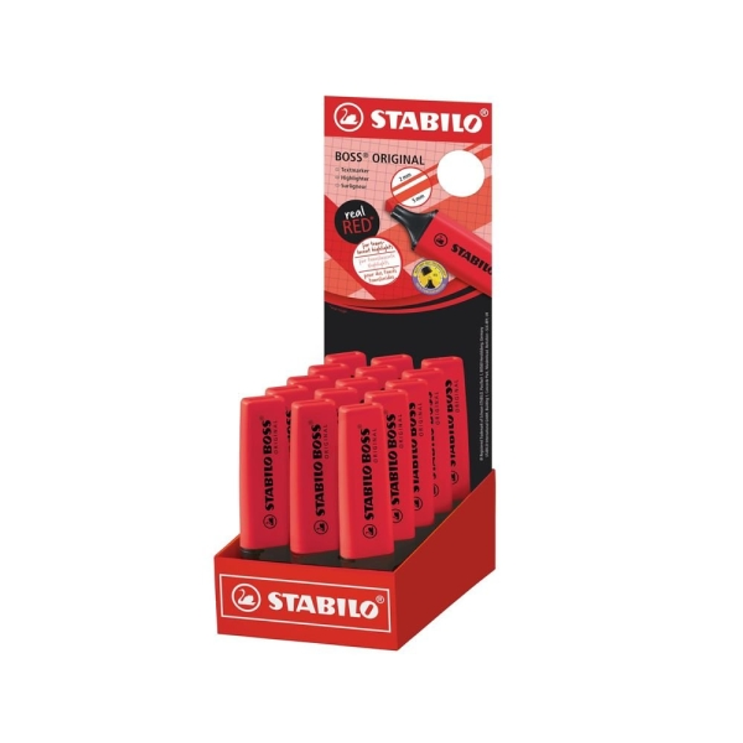 Stabilo Boss 70 Expositor con 15 Marcadores Fluorescentes - Trazo entre 2 y 5mm - Recargable - Tinta con Base de Agua - Color Rojo Real 1
