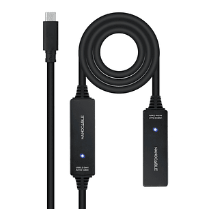 Nanocable Cable Prolongador USB-C 3.2 Macho a USB-C 3.2 Hembra - 10 Metros - Amplificador - Color Negro