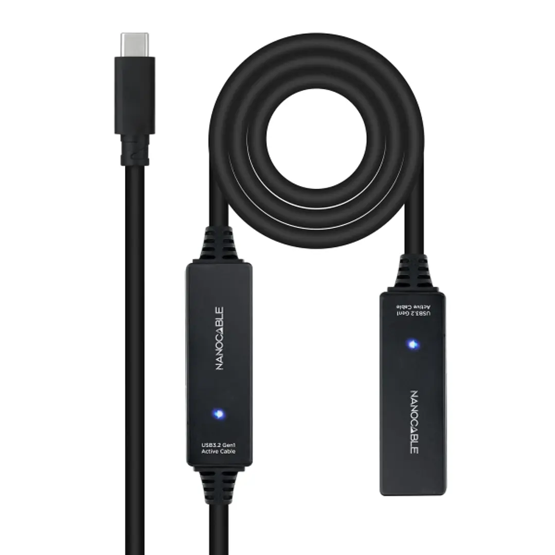 Nanocable Cable Prolongador USB-C 3.2 Macho a USB-C 3.2 Hembra - 10 Metros - Amplificador - Color Negro 1
