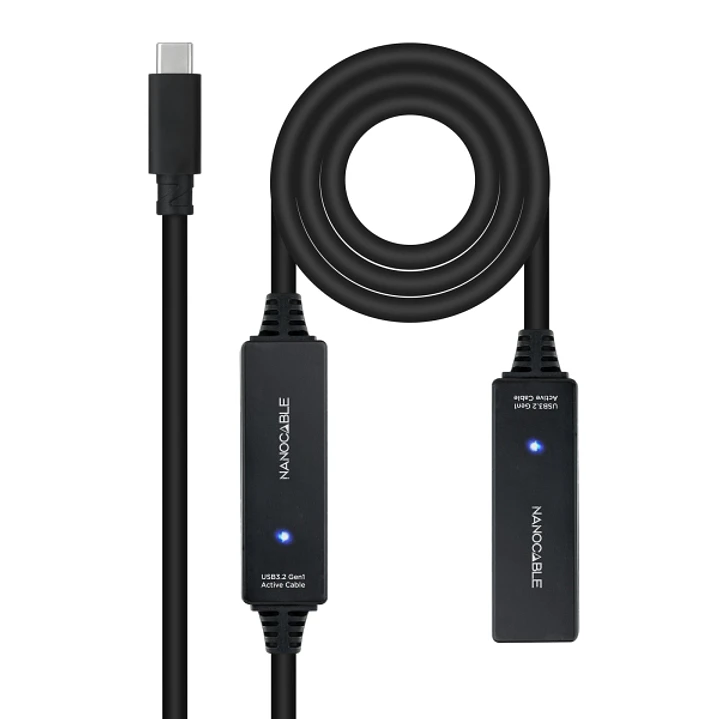 Nanocable Cable Prolongador USB-C 3.2 Macho a USB-C 3.2 Hembra - 10 Metros - Amplificador - Color Negro 1