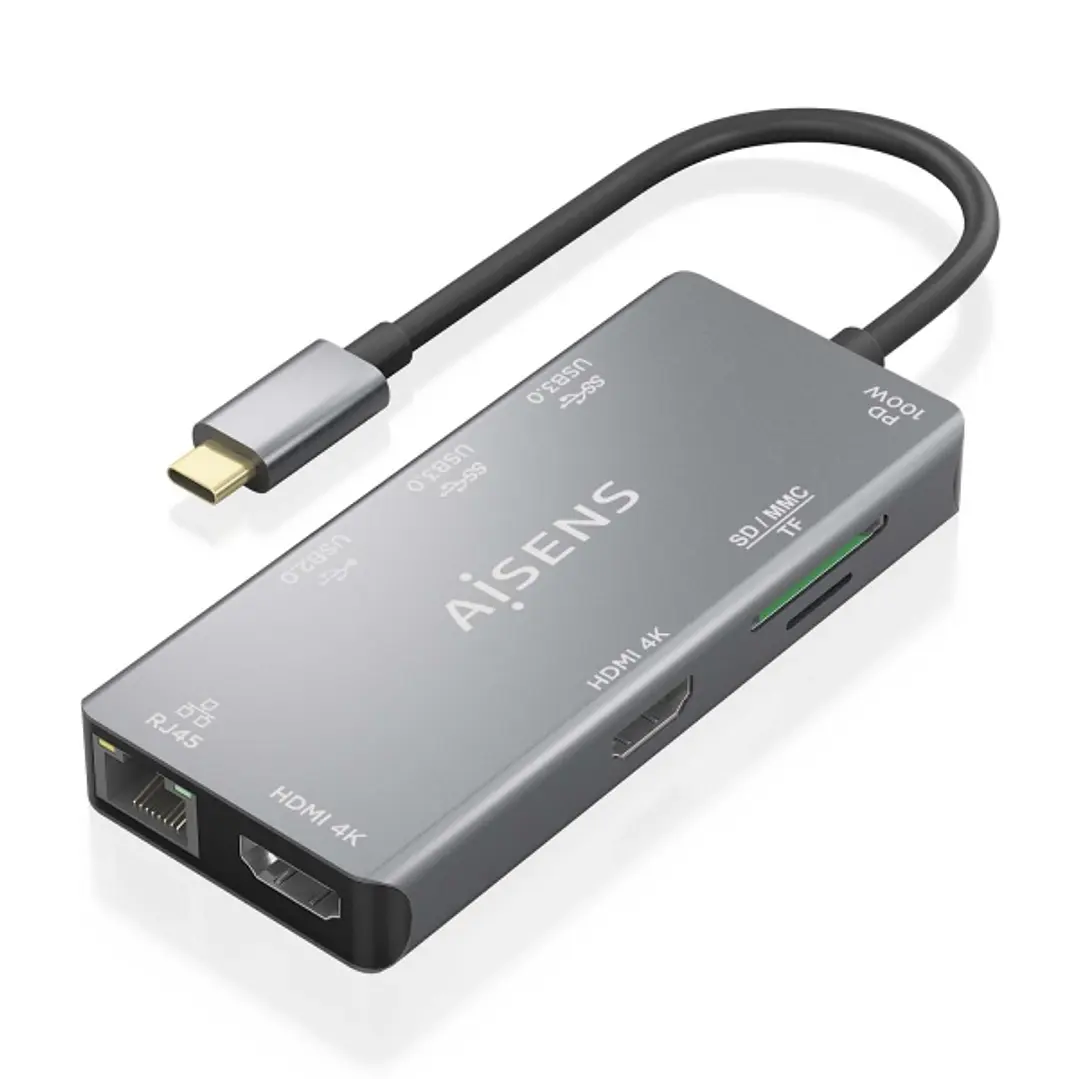 Aisens USB-C Dock 9 en 1 - USB-C a 2xHDMI - 1xRJ45 - 2xUSB-A USB3.0 - 1xUSB-A USB2.0 - 1xUSB-C PD - 1xSD - 1xMicro SD - 15cm - Color Gris 1