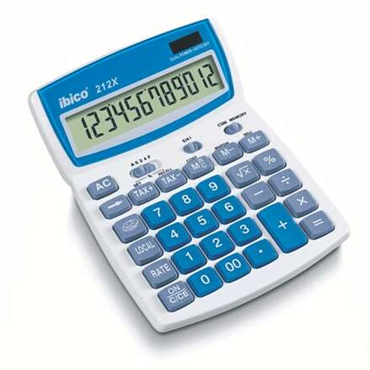 Ibico 212X Calculadora de Sobremesa Pantalla LCD de 12 Digitos Inclinable - Teclas de Relieve - Funcion Impuestos y Redondeo - Color Blanco/Azul/Gris 1