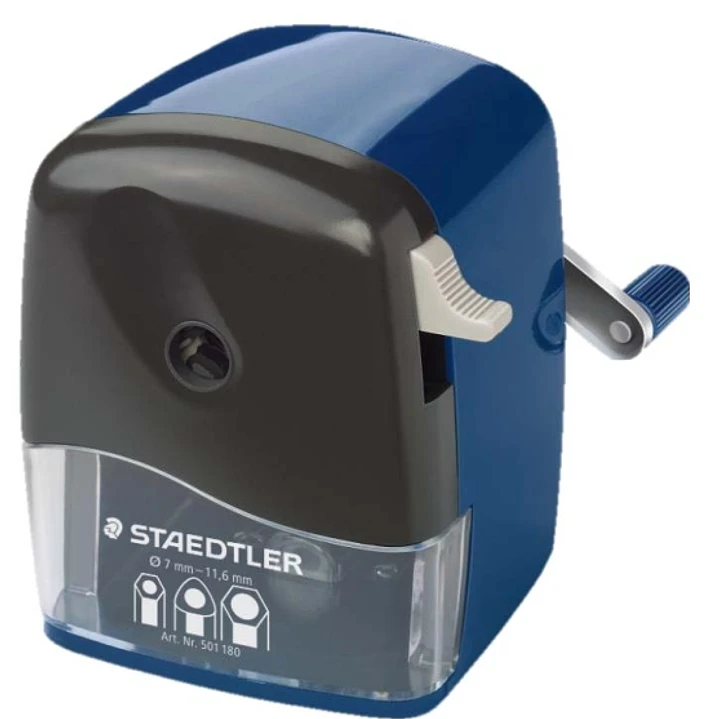 Staedtler Mars 501 Afilalapices de Manivela - Para Lapices de hasta 12mm Ø - Cuchilla Giratoria de Metal - Color Azul 1